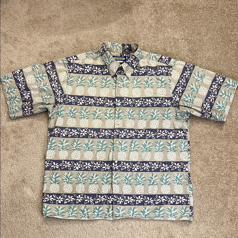 Phil Edwards by Reyn Spooner Aloha Hawaiian Shirt Blue and Beige Floral Shirt L